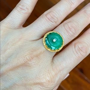 14K Solid Real Gold Donut Round Jade Women Ring